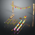 Festive Scene Decor Components With Wooden Poles Colorful Bunting Flags Flower Bunches And Balloon Strings
