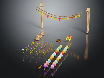 Festive Scene Decor Components With Wooden Poles Colorful Bunting Flags Flower Bunches And Balloon Strings 3d model