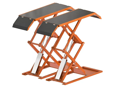 Industrial Hydraulic Lifting Equipment With Double Black Platforms And Orange Metal Frame 3d model