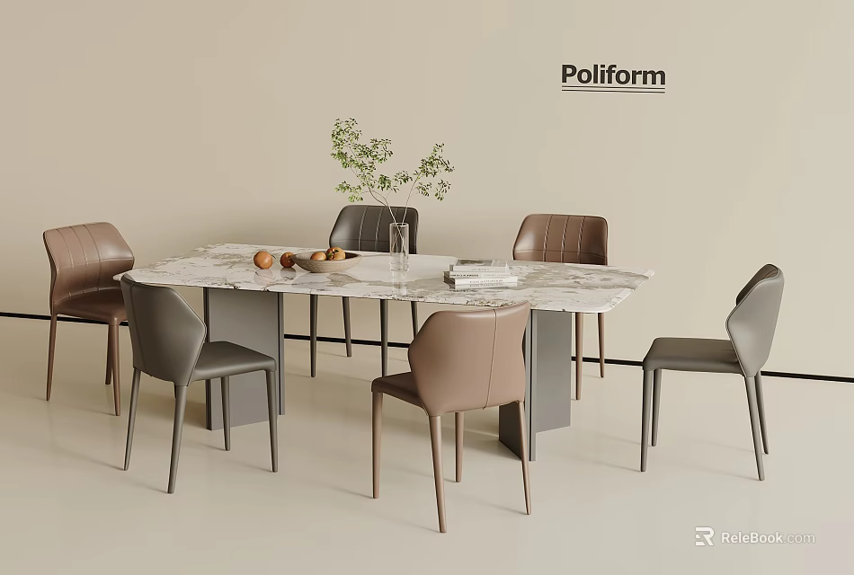 Elegant Dining Table Set Featuring Marble Tabletop and Colored Chairs with Plants and Fruits 3d model