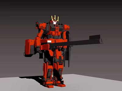 Red Mechanical Robot With Golden Horns Holding Long Weapon And Detailed Design 3d model