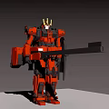 Red Mechanical Robot With Golden Horns Holding Long Weapon And Detailed Design
