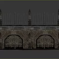 Ancient Architectural Wall Scenery with Arched Doors Stone Pillars Iron Fences Stone Path and Puddle