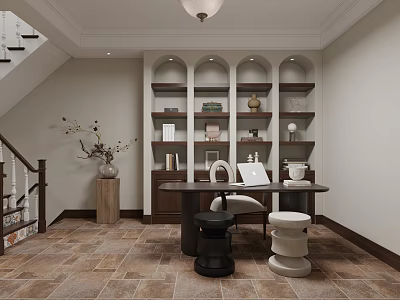 Elegant Study Room Interior With Built-in Bookshelves Books Decorations Desk Laptop Stools And Tile Floor 3d model