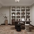 Elegant Study Room Interior With Built-in Bookshelves Books Decorations Desk Laptop Stools And Tile Floor