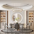 Elegant Modern Restaurant Interior With Round Dining Table Crystal Chandelier And Wine Cabinets