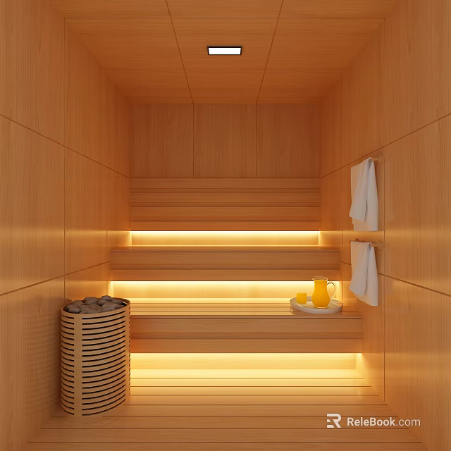 Wooden Sauna Interior with Benches Warm Lighting Towels and Sauna Stones Tray 3d model 