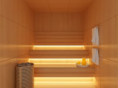 Wooden Sauna Interior with Benches Warm Lighting Towels and Sauna Stones Tray 3d model