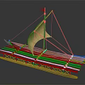 Traditional Wooden Boat With Yellow Sail Green Flag And Bamboo Planks Structure