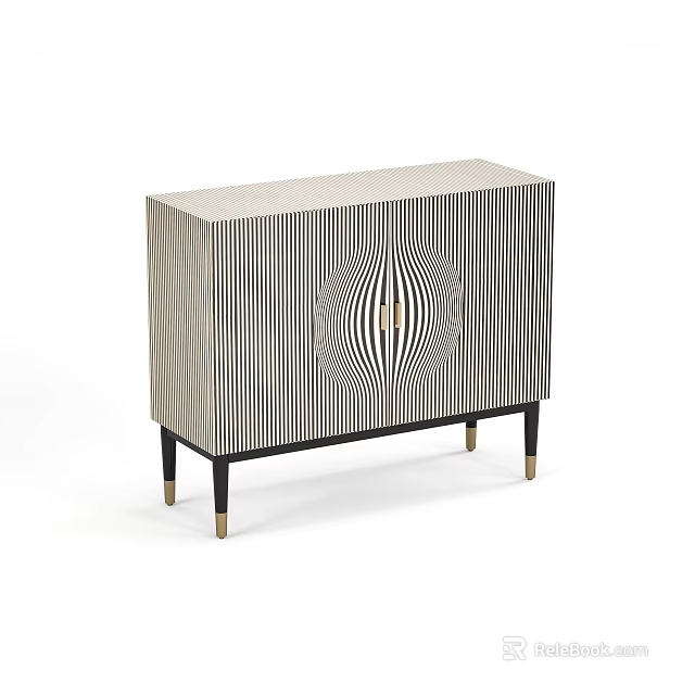 Modern Stylish Entryway Console Cabinet With Black White Striped Pattern And Black Legs Golden Feet 3d model 