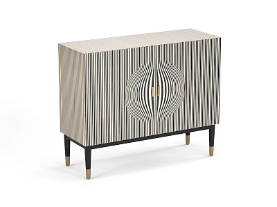 Modern Stylish Entryway Console Cabinet With Black White Striped Pattern And Black Legs Golden Feet 3d model