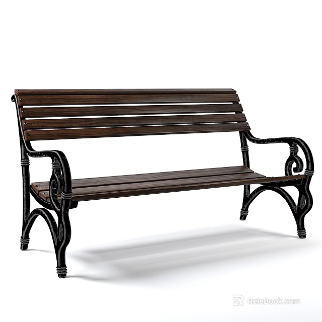 Public Bench With Wooden Slats Metal Frame And Decorative Armrests For Outdoor Use 3d model 