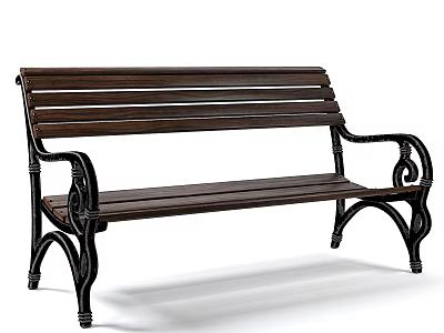 Public Bench With Wooden Slats Metal Frame And Decorative Armrests For Outdoor Use 3d model