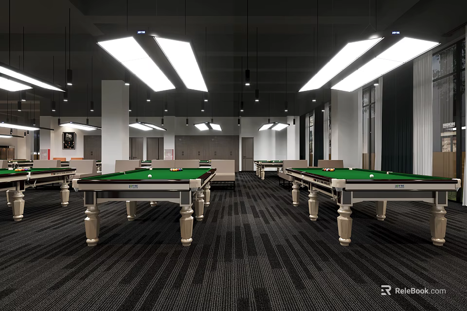 Modern Billiard Room Interior With Multiple Pool Tables And Lighting 3d model 
