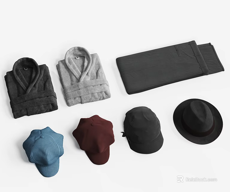 Stylish Clothing Collection Featuring Gray Black Bathrobes Black Pants And Various Colored Hats 3d model 