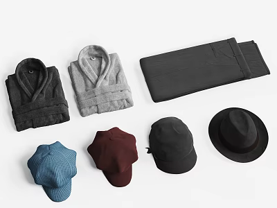 Stylish Clothing Collection Featuring Gray Black Bathrobes Black Pants And Various Colored Hats 3d model