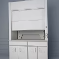 Medical Device Laboratory Fume Hood With Glass Shelves Silver Cabinets And Yellow Warning Signs