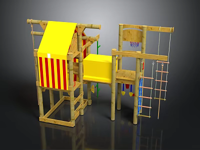 Wooden Children's Play Building With Yellow Roof Red White Stripes Climbing Net And Ropes 3d model