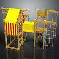 Wooden Children's Play Building With Yellow Roof Red White Stripes Climbing Net And Ropes
