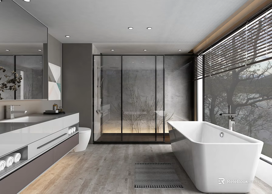 Modern Bathroom Interior Featuring Freestanding White Bathtub Large Window Sliding Blinds And Glass Shower 3d model 