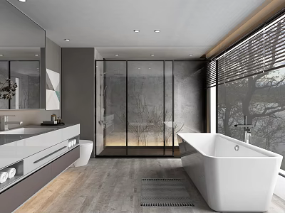 Modern Bathroom Interior Featuring Freestanding White Bathtub Large Window Sliding Blinds And Glass Shower 3d model
