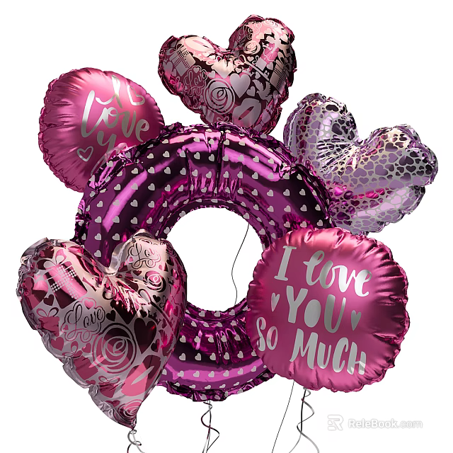 Pink And Purple Heart Shaped Balloons With I Love You Text And Rose Patterns 3d model 