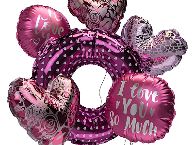 Pink And Purple Heart Shaped Balloons With I Love You Text And Rose Patterns 3d model