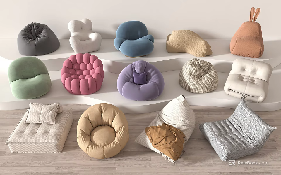 Comfortable Bean Bag Chairs With Various Colors And Soft Materials For Modern Living Spaces 3d model 