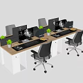 Modern Office Desk Setup With Dual Workstations Computers Ergonomic Chairs And Potted Plants