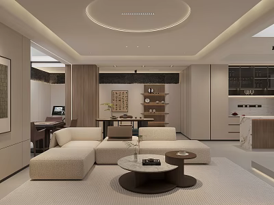 Modern Open Living Room Interior Design With Beige Sofa Round Coffee Table And Wooden Bookshelf 3d model