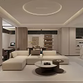 Modern Open Living Room Interior Design With Beige Sofa Round Coffee Table And Wooden Bookshelf