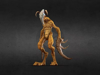 Mythical Horned Creature With Slender Body Brownish Yellow Skin Claws And Standing Posture 3d model