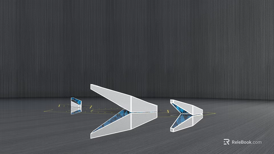 White Triangular Sculptures With Blue Interior Sections And Yellow Slender Objects On Smooth Gray Floor 3d model