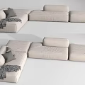 Light Colored Upholstered Sectional Sofa With Gray Cushions And Throw Blanket 3d model