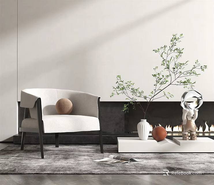 Modern Single Sofa White Upholstered Black Legs With Plant Sculpture Wooden Ball On Gray Carpet 3d model 