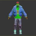 Character In Blue Puffy Jacket Green T-Shirt With Bear Graphic Jeans And Dark Background