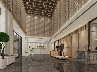 Modern Lobby Front Desk Reception With Marble Floor Green Plants And Grid Ceiling 3d model