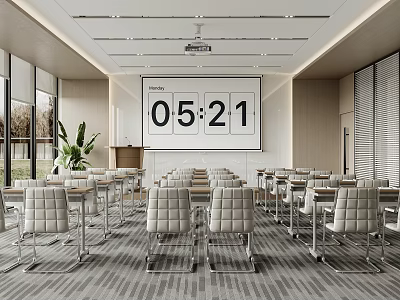 Modern Conference Room Interior With Large Screen Time Display Tables And Chairs 3d model