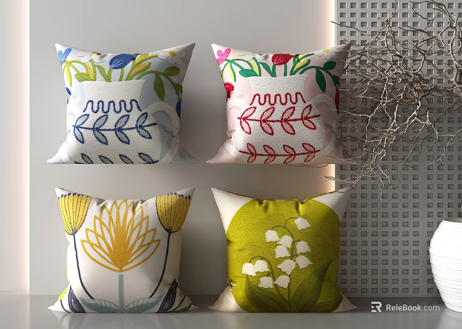 Colorful Decorative Throw Pillows With Floral Leaf Patterns For Home Decor 3d model 