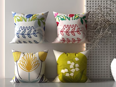 Colorful Decorative Throw Pillows With Floral Leaf Patterns For Home Decor 3d model