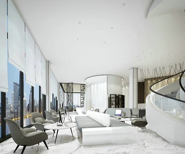Modern Lounge Area Interior Design With Comfortable Sofa Chairs Coffee Tables And City View Windows 3d model 