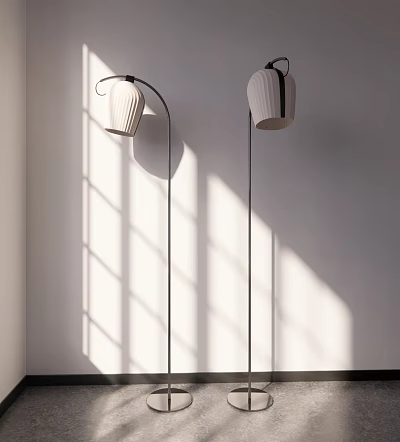Modern Minimalist Floor Lamp With White Shade And Black Curved Stand In Sunlit Room 3d model
