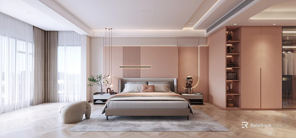 Modern Bedroom Interior Design With Comfortable Bed And Stylish Pendant Lighting 3d model