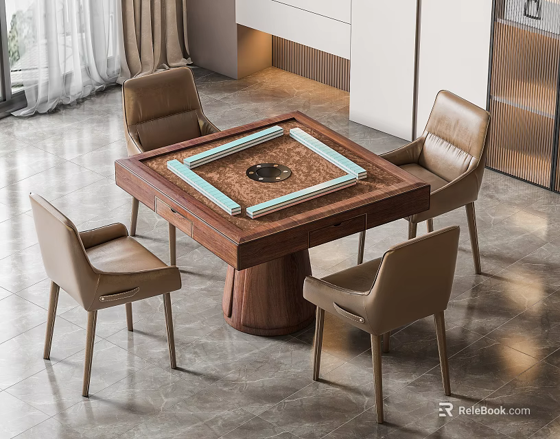Modern Wooden Entertainment Table With Surrounding Brown Chairs In Stylish Interior 3d model 