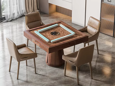 Modern Wooden Entertainment Table With Surrounding Brown Chairs In Stylish Interior 3d model