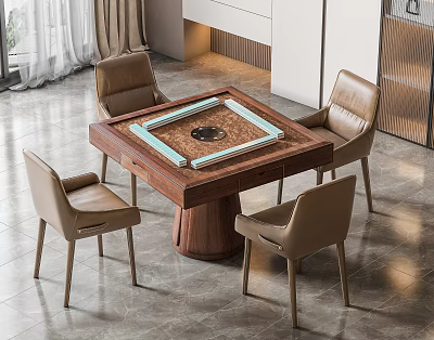 Modern Wooden Entertainment Table With Surrounding Brown Chairs In Stylish Interior 3d model