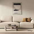 Beige Multi Seater Sofa With Brown Cushions Wooden Coffee Table Area Rug And Abstract Painting