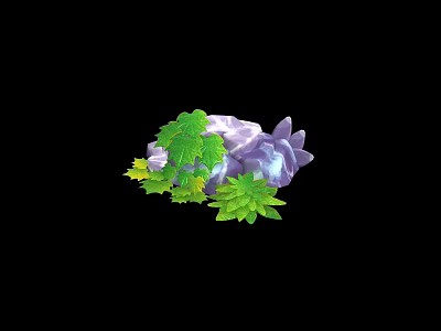 Vibrant Purple Flowers With Green Leaves And Shiny Crystal Like Elements On Black Background 3d model