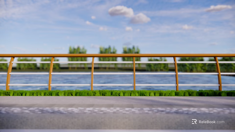 Brown Railing Along River With Green Grass Gray Pavement Trees Under Blue Sky White Clouds 3d model 