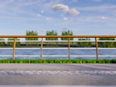 Brown Railing Along River With Green Grass Gray Pavement Trees Under Blue Sky White Clouds 3d model